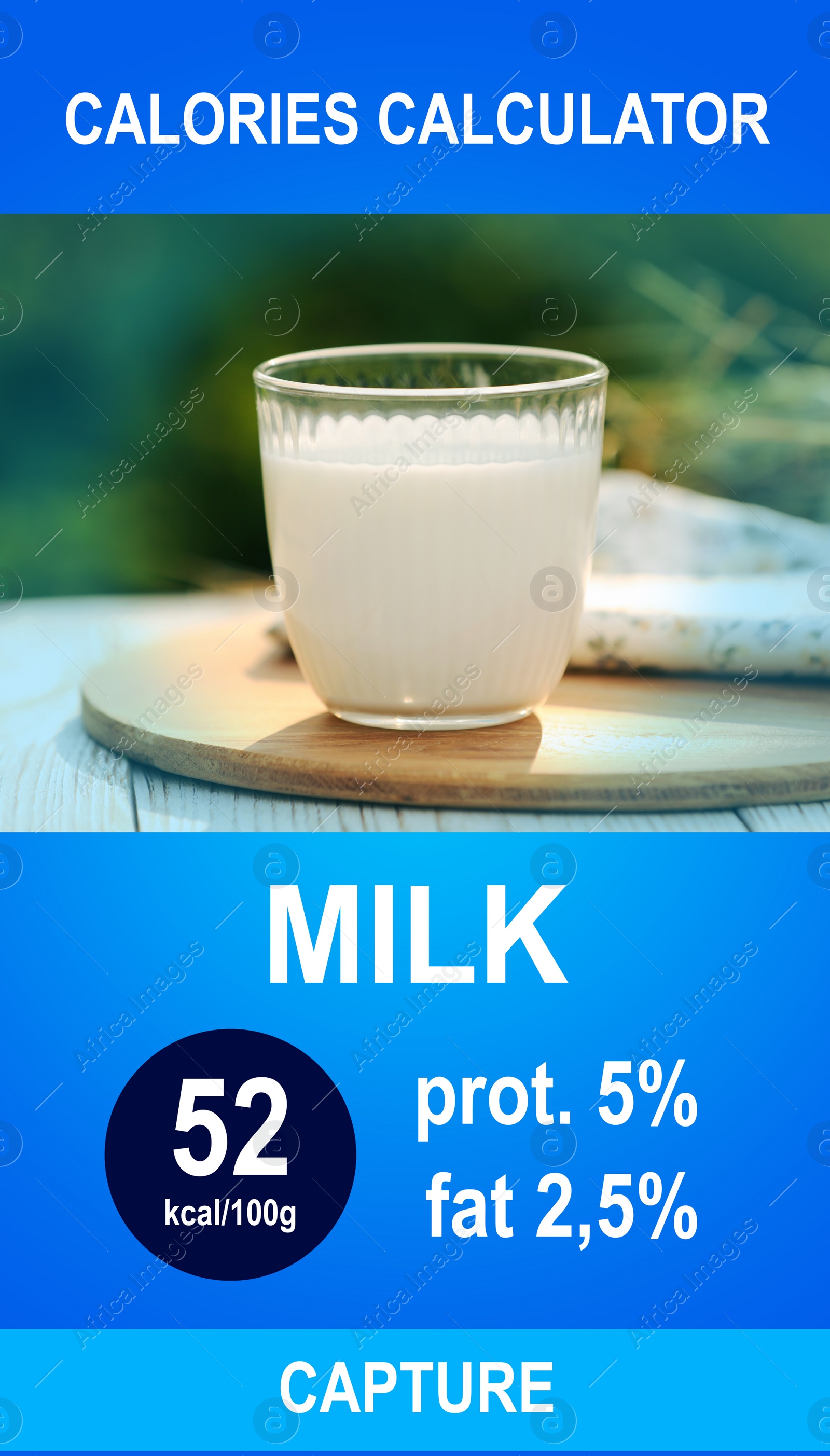 Image of Weight loss concept. Calories calculator app with image of milk and its caloric content