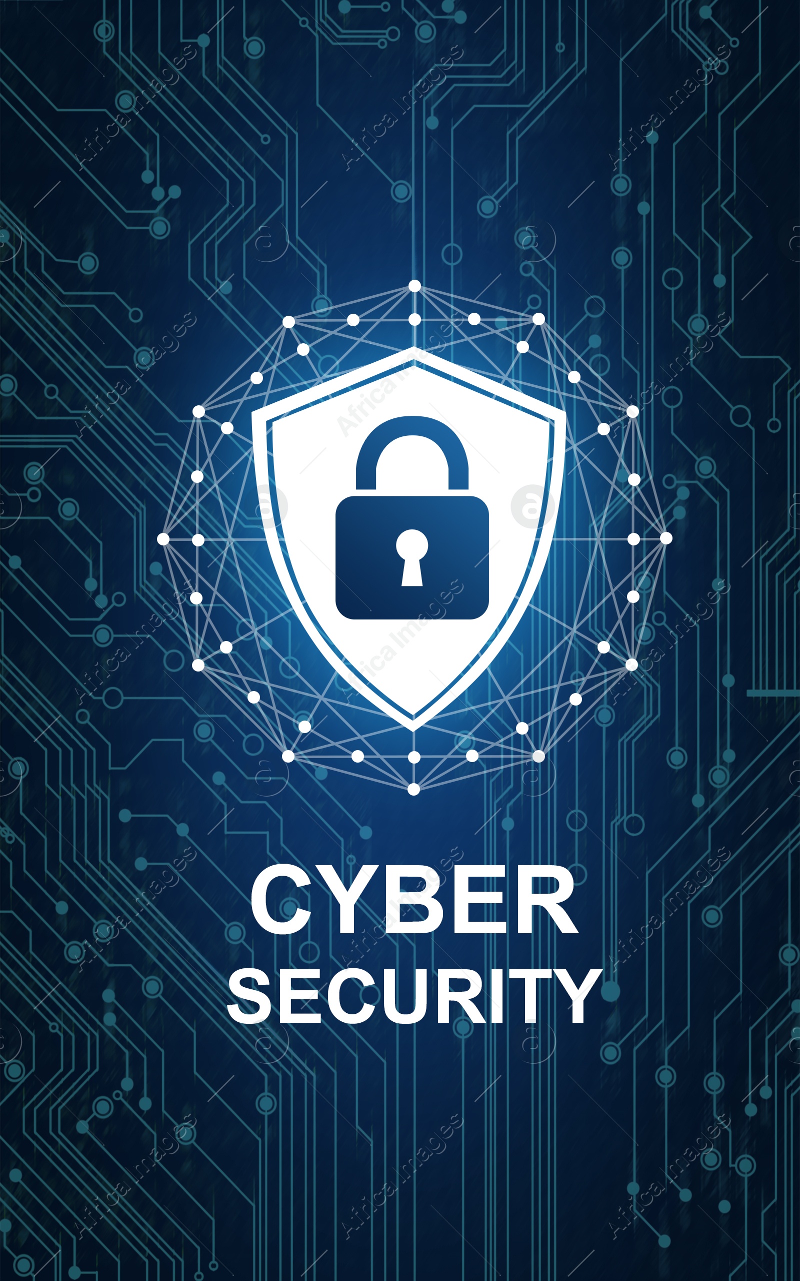 Illustration of Cyber security concept. Shield with padlock illustration and text against circuit board pattern