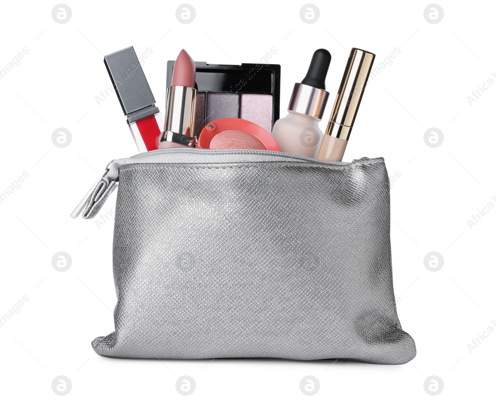 Photo of Different luxury decorative cosmetics in grey case on white background