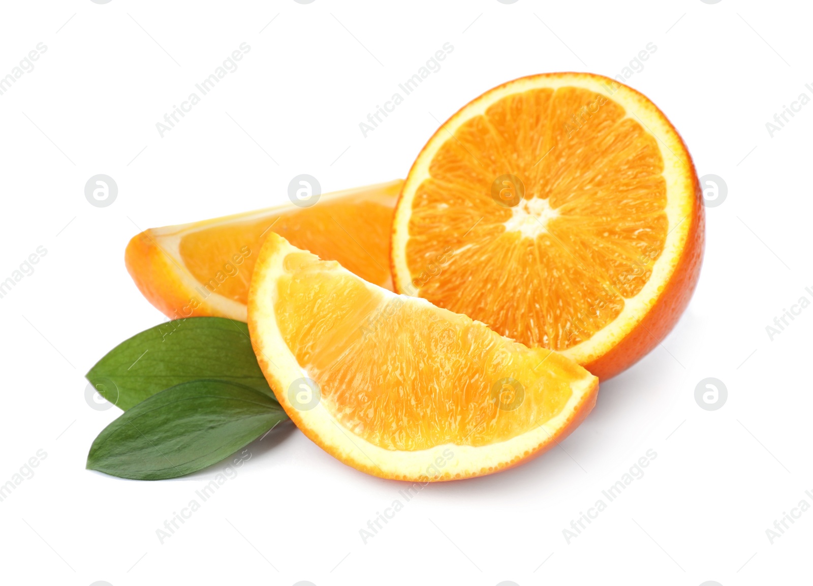 Photo of Fresh oranges with leaves isolated on white