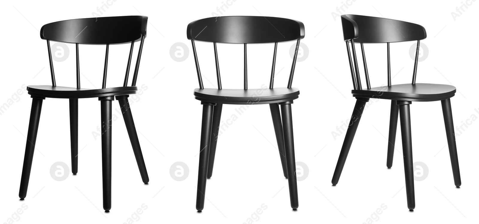 Image of Set with stylish black chairs on white background. Banner design