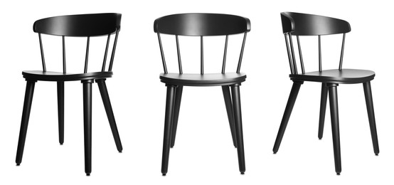 Image of Set with stylish black chairs on white background. Banner design