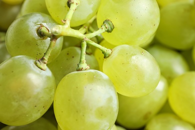 Fresh ripe juicy white grapes as background, closeup view