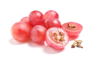 Photo of Organic fresh grapes with seeds on white background. Natural essential oil ingredient