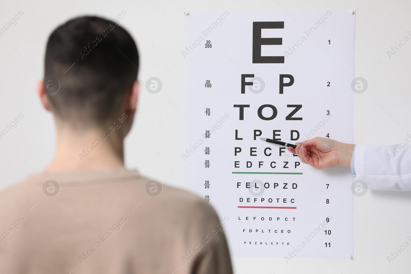 Photo of Ophthalmologist testing young man's vision in clinic, back view