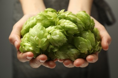 Woman holding pile of fresh ripe hops on grey background, closeup