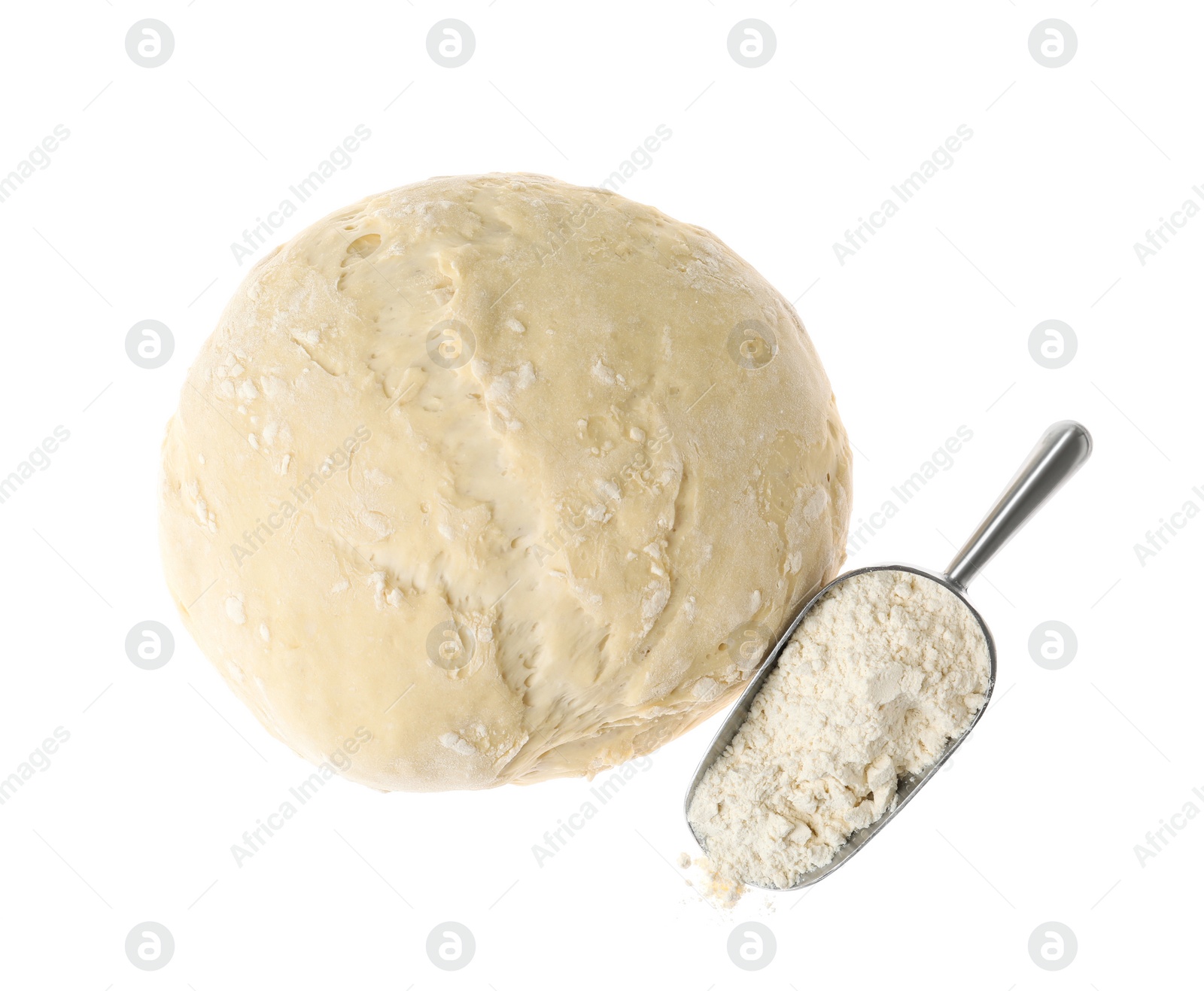 Photo of Raw dough for pastries and flour isolated on white, top view