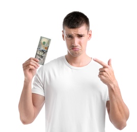 Photo of Young man with dollar banknote on white background