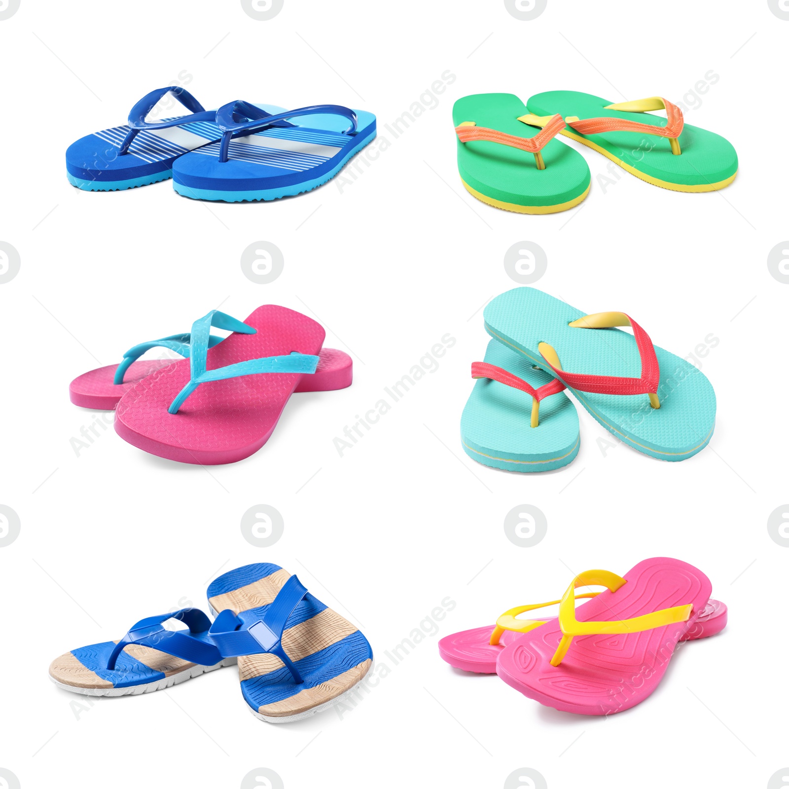 Image of Set with different flip flops on white background 