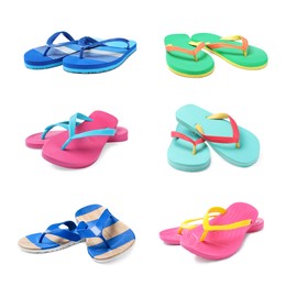 Image of Set with different flip flops on white background 