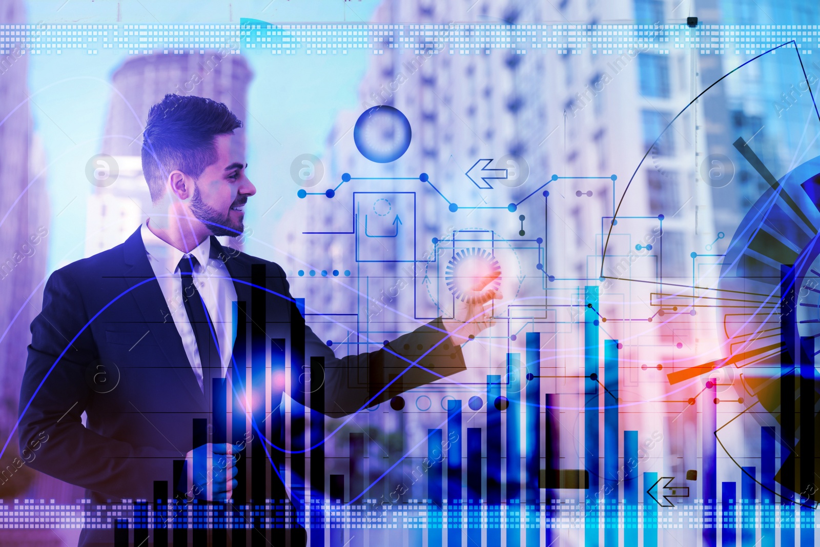 Image of Forex trading. Charts with schemes against man and city on background