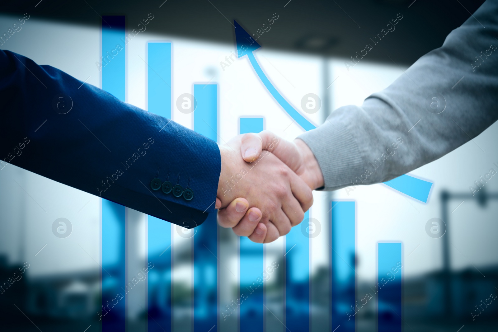 Image of Double exposure of partners shaking hands and city. Business values