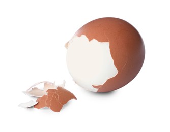 Fresh boiled egg and shell on white background