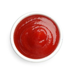 Photo of Tasty ketchup in bowl isolated on white, top view. Tomato sauce