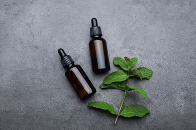 Photo of Bottles of essential oil and mint on grey table, flat lay