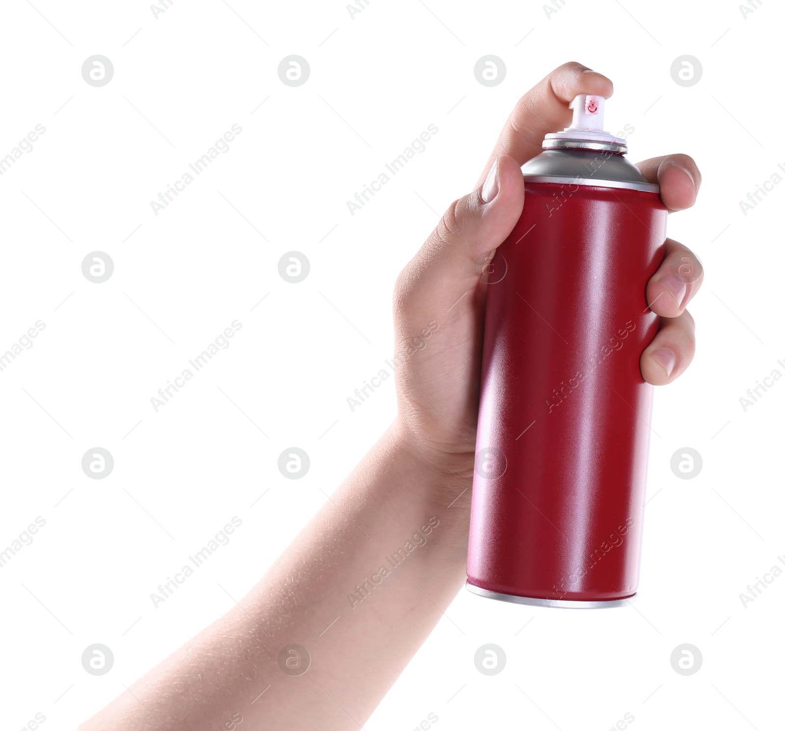 Photo of Man with can of spray paint on white background, closeup