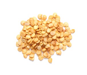 Photo of Pile of pepper seeds on white background, top view