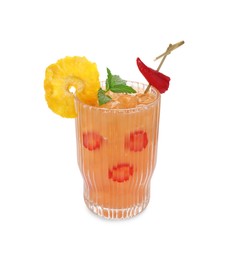 Photo of Glass of spicy pineapple cocktail with chili pepper and mint isolated on white