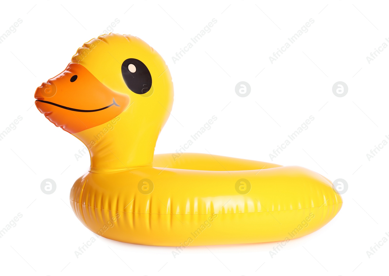 Photo of Duck shaped inflatable ring isolated on white. Beach accessory