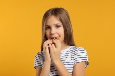 Photo of Cute girl eating chocolate chip cookie on orange background