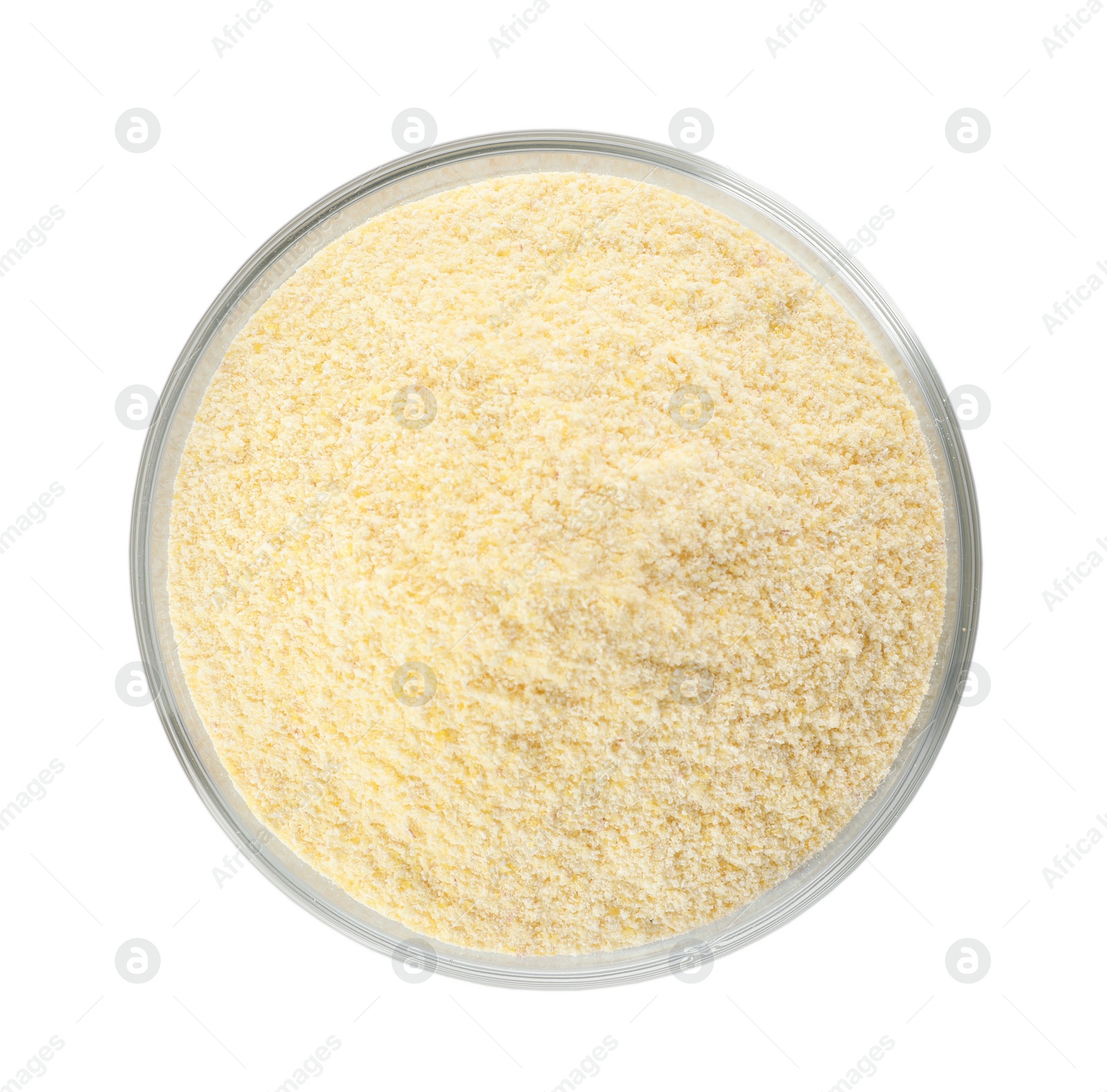 Photo of Bowl of corn flour isolated on white, top view