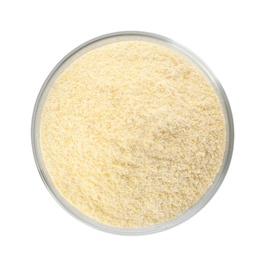 Photo of Bowl of corn flour isolated on white, top view