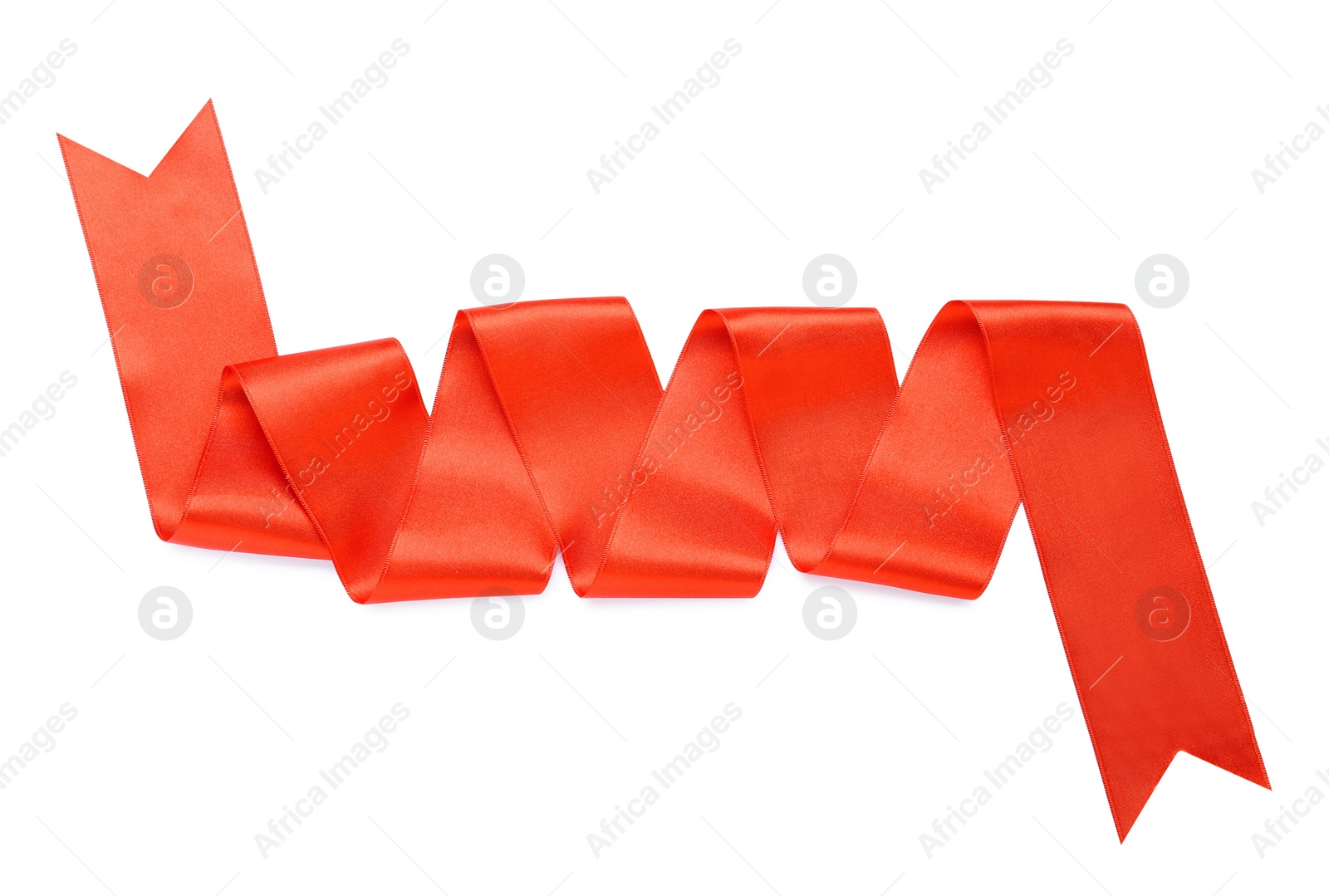 Photo of Beautiful red ribbon isolated on white, top view