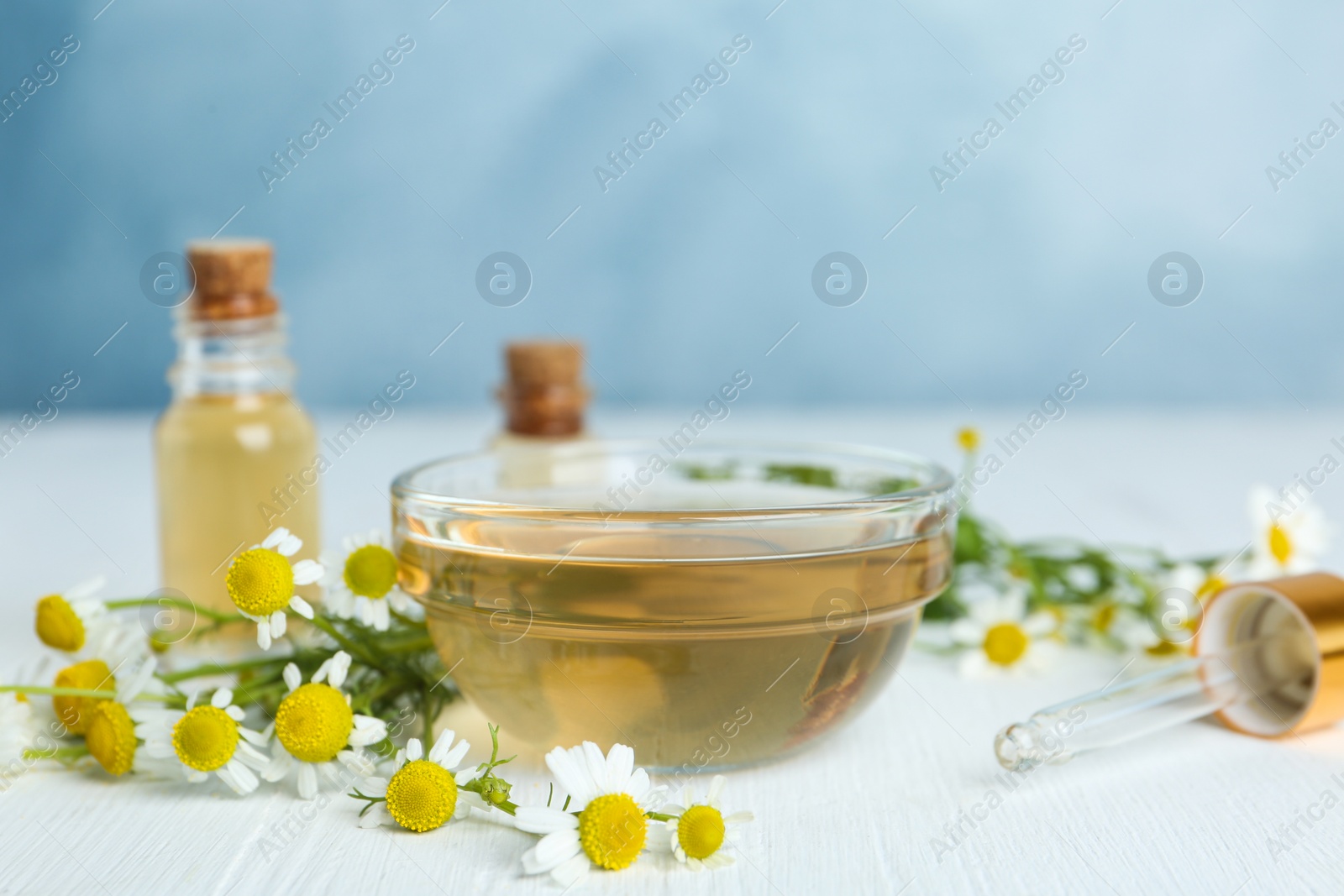 Photo of Bowl of essential oil and fresh chamomiles on white wooden table