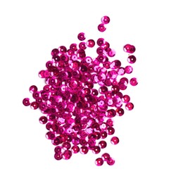 Photo of Pile of pink sequins isolated on white, top view