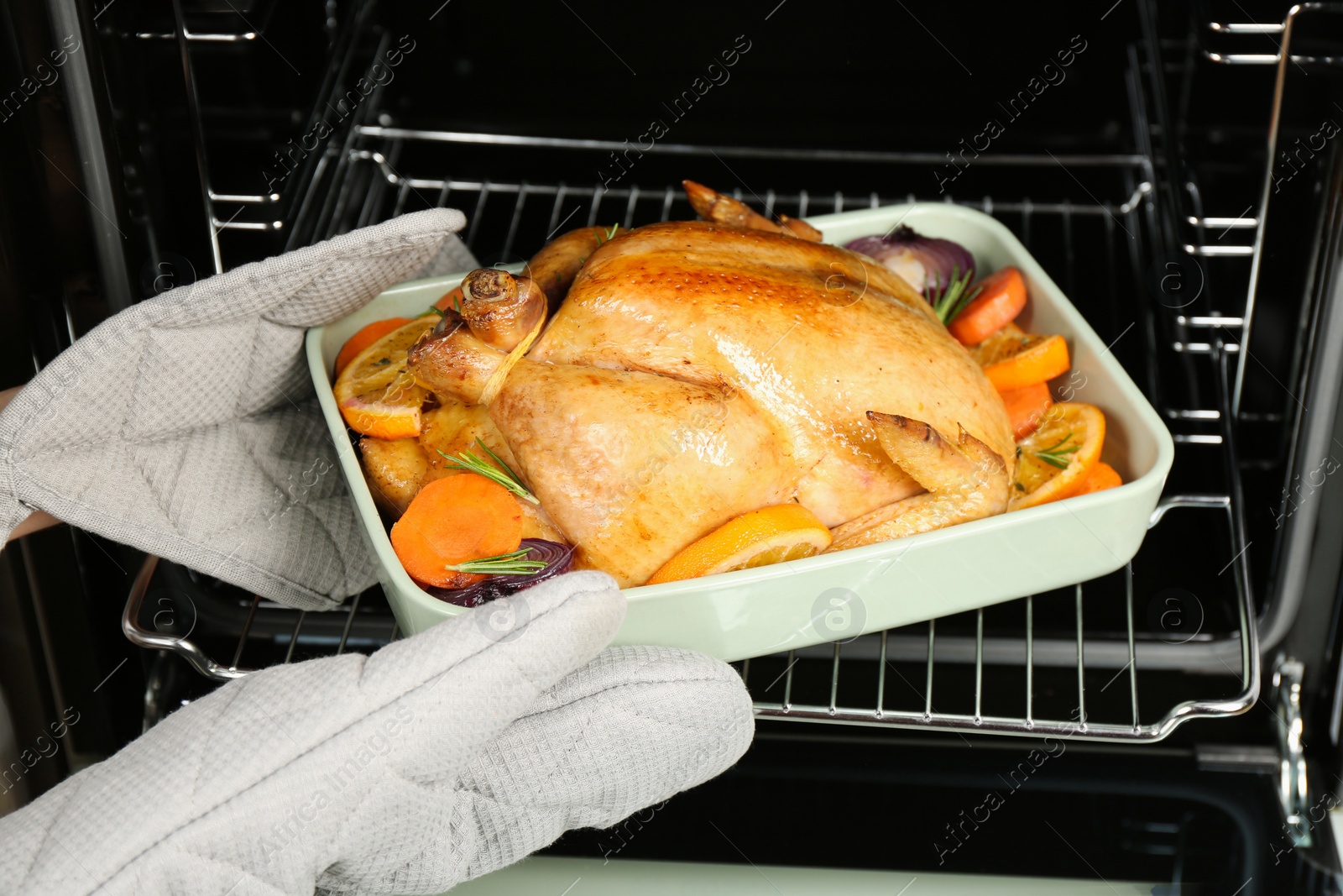 Photo of Woman taking baked chicken with oranges and vegetables out of oven, closeup