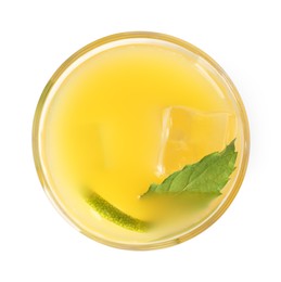 Glass of tasty pineapple cocktail with mint and lime isolated on white, top view