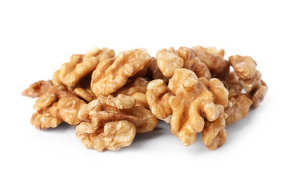 Heap of tasty walnuts on white background