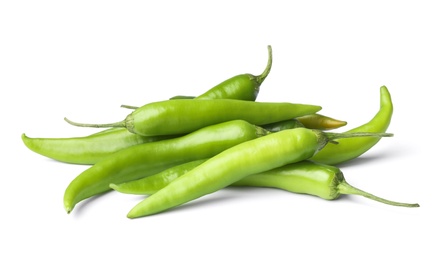 Photo of Ripe green hot chili peppers on white background