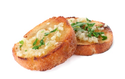 Photo of Slices of toasted bread with garlic and herb on white background