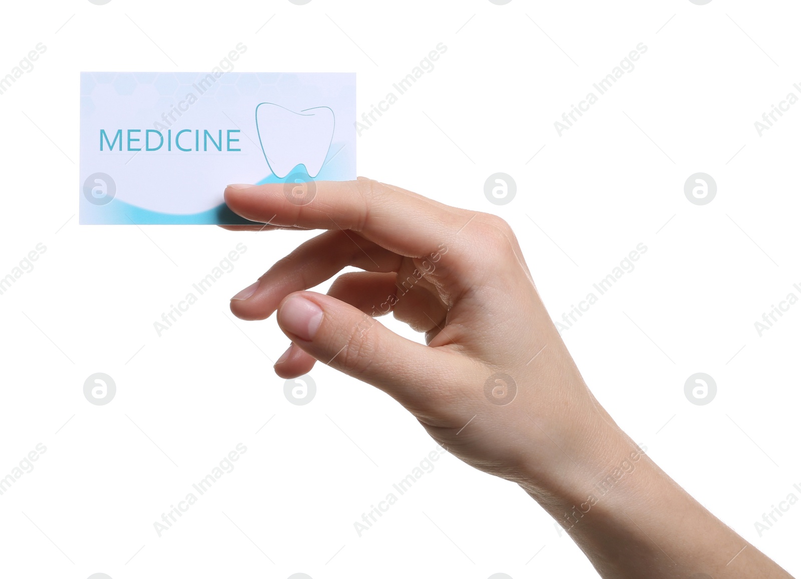 Photo of Woman holding business card isolated on white, closeup. Dental medical service