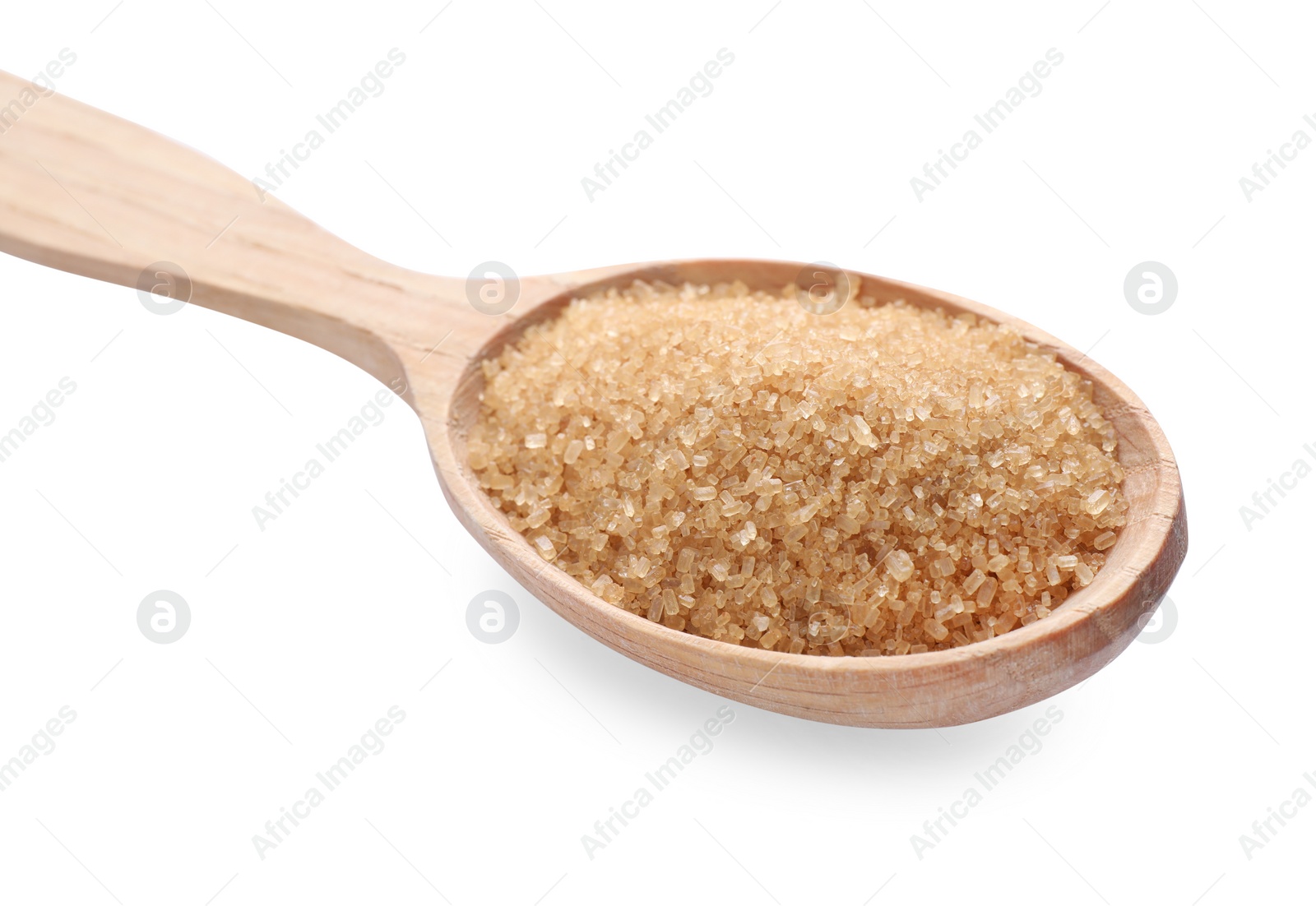 Photo of Brown sugar in wooden spoon isolated on white