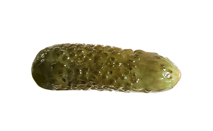 Photo of Tasty pickled cucumber isolated on white. Sandwich ingredient