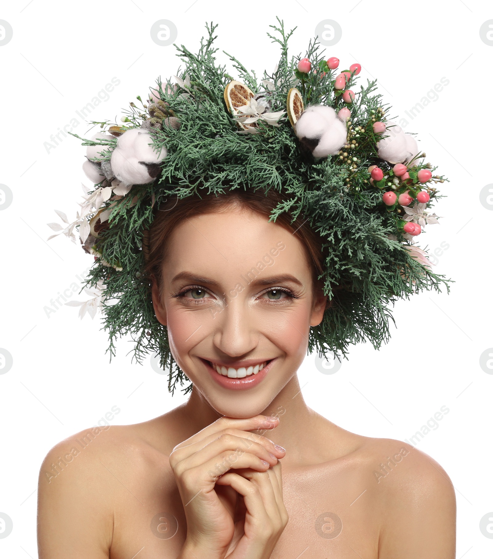 Photo of Happy young woman wearing wreath on white background