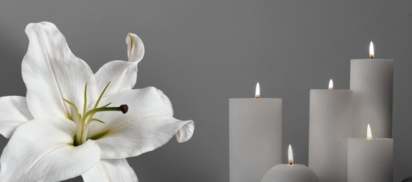Image of Funeral. White lily and burning candles on grey background, banner design