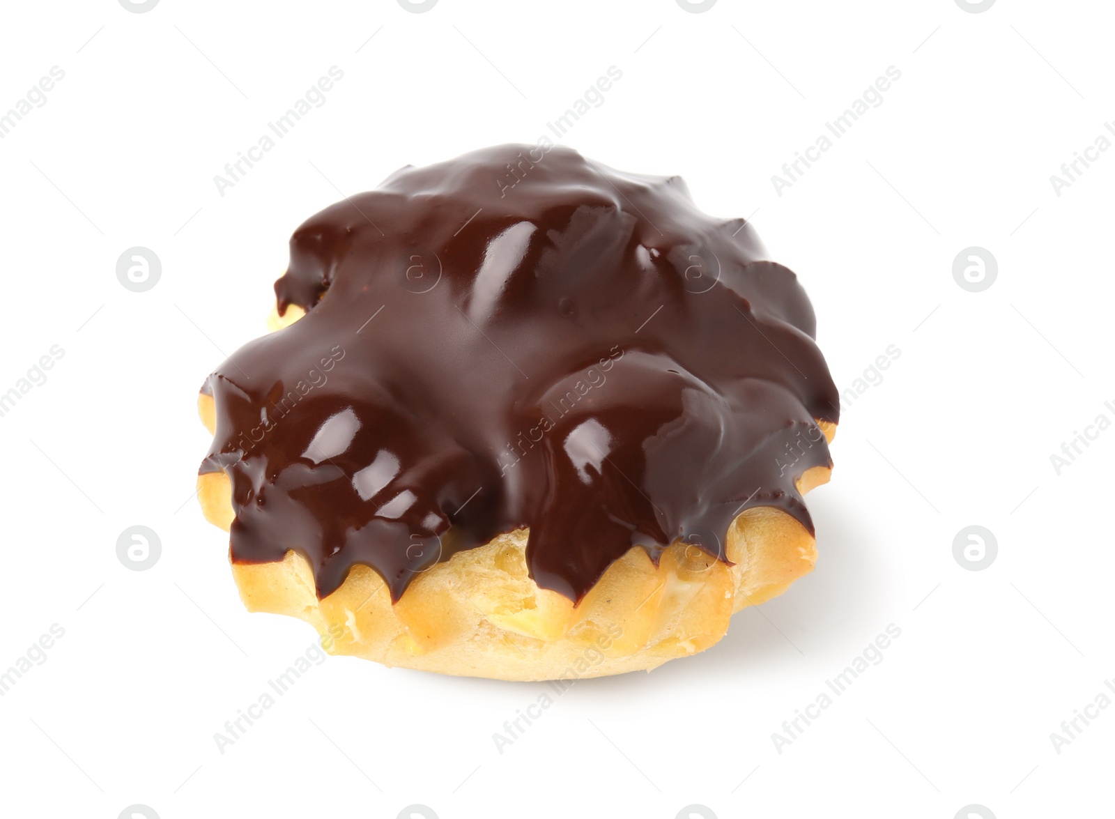 Photo of One delicious profiterole with chocolate spread isolated on white