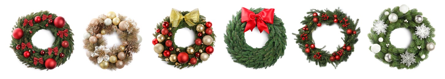 Different beautiful Christmas wreaths isolated on white, collection