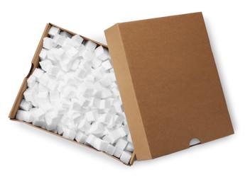 Photo of Open box with styrofoam cubes on white background, top view