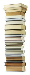 Photo of High stack of many different books isolated on white