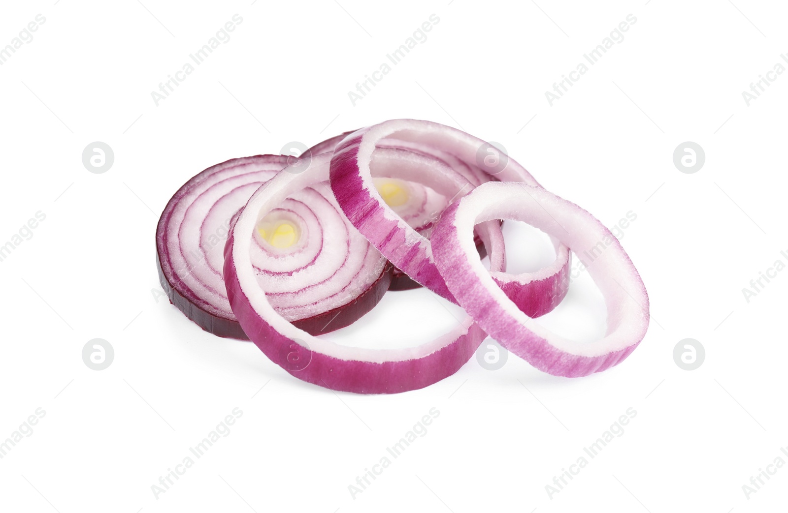 Photo of Sliced red onion rings on white background