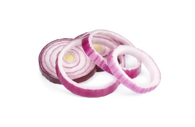 Photo of Sliced red onion rings on white background