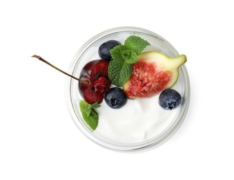 Photo of Glass with yogurt, berries and mint isolated on white