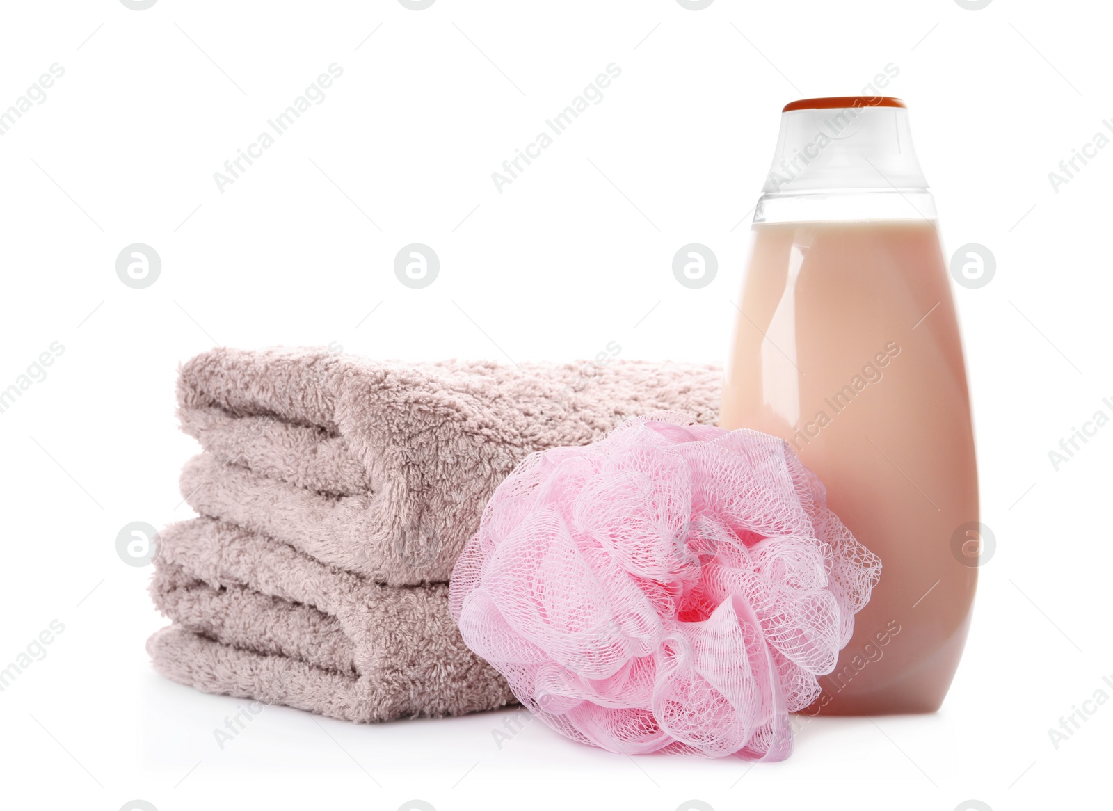 Photo of Personal hygiene product with towels and shower puff on white background