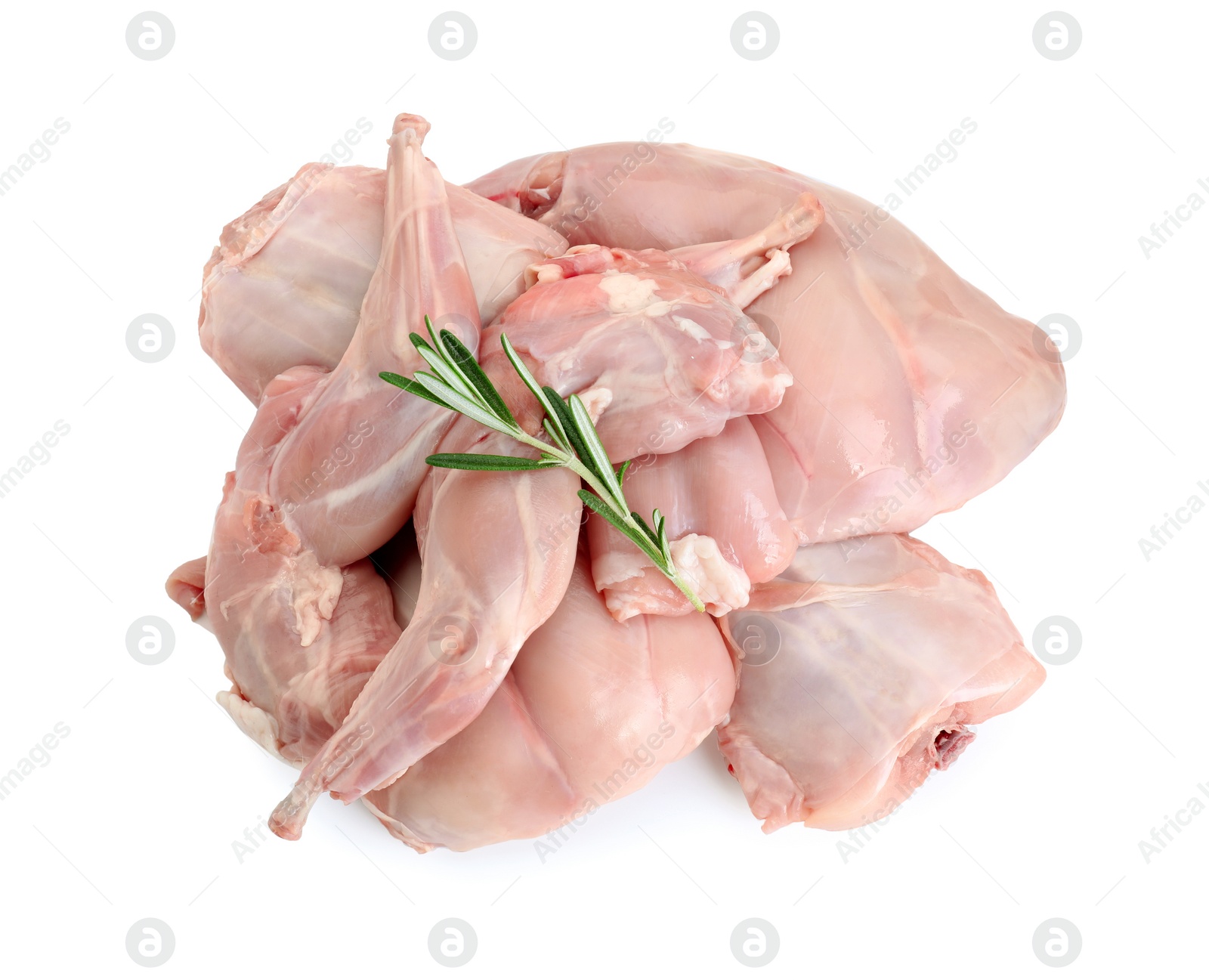 Photo of Fresh raw rabbit meat and rosemary isolated on white, top view