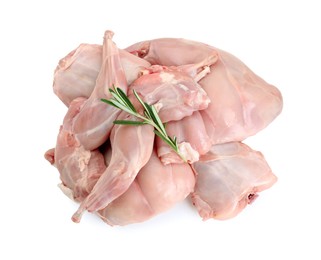 Fresh raw rabbit meat and rosemary isolated on white, top view