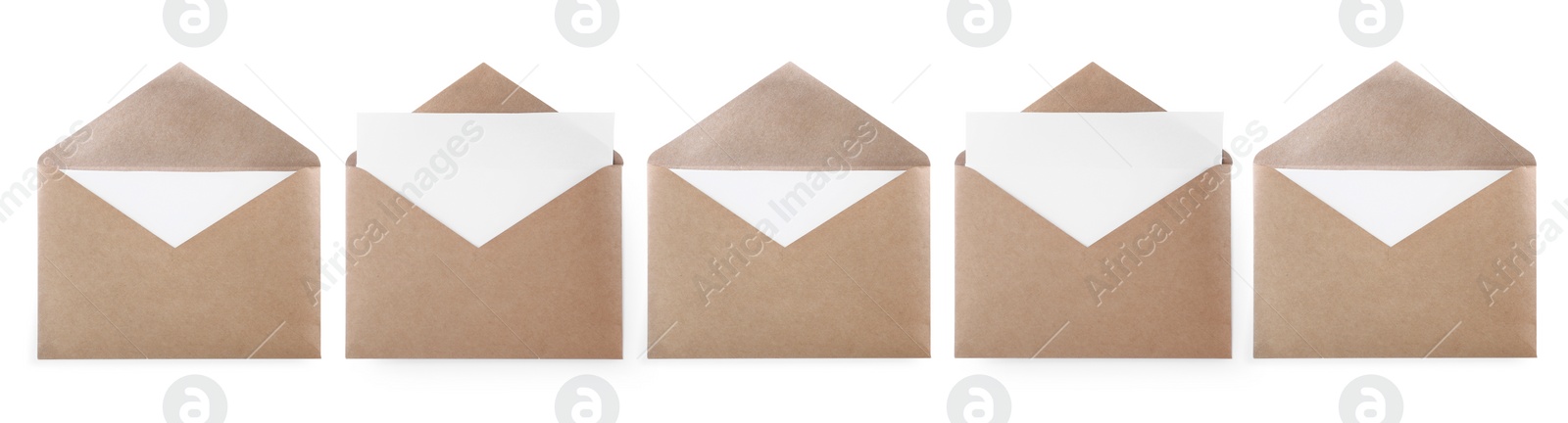 Image of Set with kraft paper envelopes on white background. Banner design